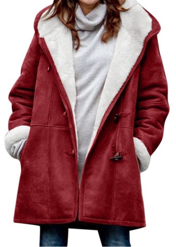 Red Fleece Hoody Long Sleeves Button Open Long Jacket