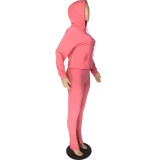 Pink Drawstring Hoody Top with Pocket and Slit Pants 2PCS Tracksuit
