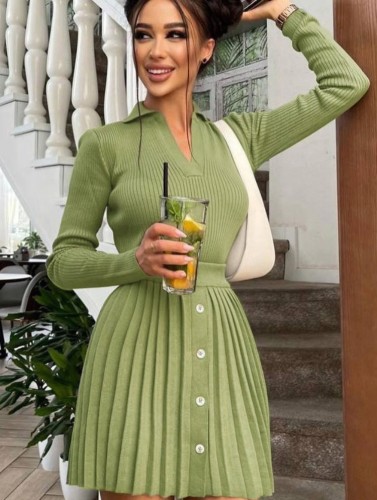 Lt-Green Ribbed Long Sleeves Crop Top and Pleated Skirt 2PCS Set