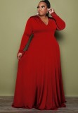 Plus Size Casual Red V-Neck Long Sleeves Maxi Dress
