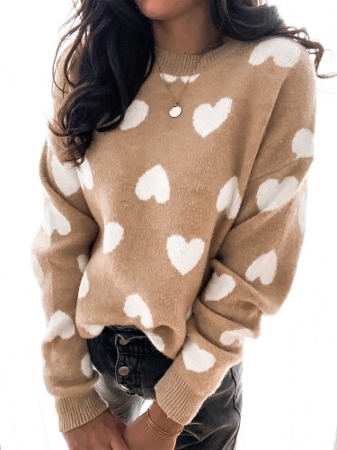 Khaki Heart Print Scoop Neck Drop Shoulder Pullover Sweater