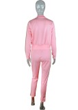 Pink Wide Striped Turndown Collar Zip Top and Pants 2PCS Set