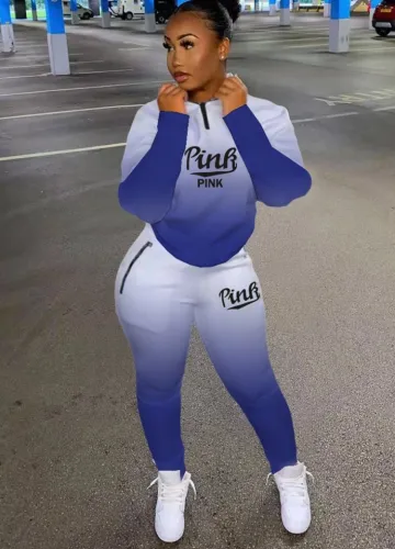 Blue Gradient Letter Print Zip Collar Top and Sweatpants 2PCS Set