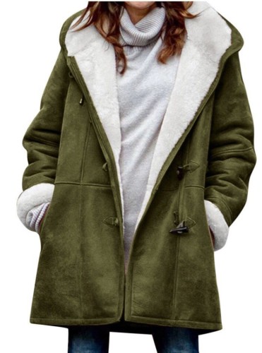 Green Fleece Hoody Long Sleeves Button Open Long Jacket