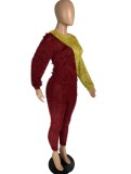 Yellow and Red Contrast Fleeve O-Neck Top and Pants 2PCS Set