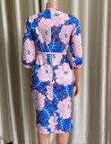 Pink Floral Blue 3/4 Sleeves O-Neck Midi Dress with Belt