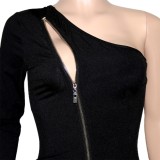 Black One Shoulder Single Sleeve Zipper Slit Mini Dress