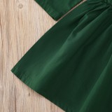 Kids Girl Dk-Green Long Sleeve Ruffle O-Neck Skater Dress