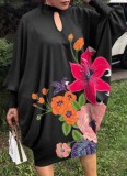 Plus Size Flower Print Black Keyhole Loose Midi Dress
