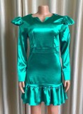 Green Silk Long Sleeve Mini Mermaid Dress