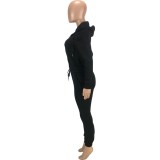 Black Fleece Zipper Up Hoody Top and Drawstring Pants 2PCS Set