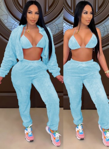 Blue Triangle Bra and Hoody Top and and Pants 3PCS Set