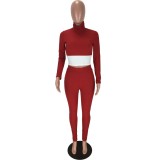 Red Turtleneck Long Sleeves Crop Top and High Waist Pants 2PCS Set