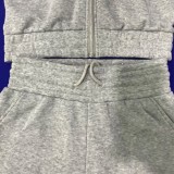 Grey Fleece Zipper Up Hoody Top and Drawstring Pants 2PCS Set