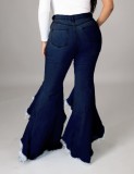 Dk-Blue High Waist Ruffle Tassel Flare Jeans