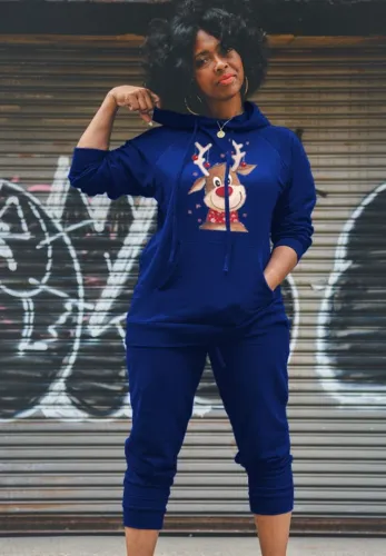 Christmas Elk Print Blue Hoody Top and Pants 2PCS Sweatsuit