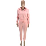 Pink Fleece Zipper Up Hoody Top and Drawstring Pants 2PCS Set