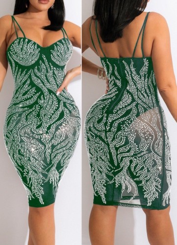 Elegant Green Beaded Cami Midi Dress