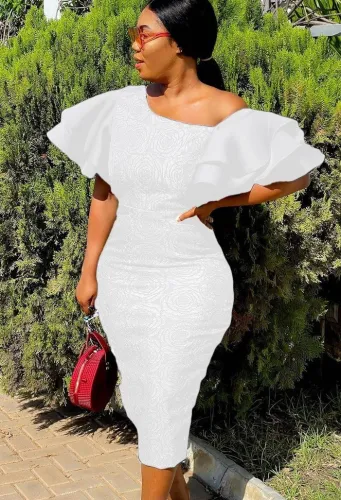 White Jacquard Floral Ruffle Short Sleeve One Shoulder Long Dress