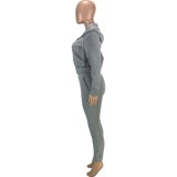 Grey Fleece Zipper Up Hoody Top and Drawstring Pants 2PCS Set
