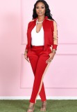 Red Wide Striped Turndown Collar Zip Top and Pants 2PCS Set