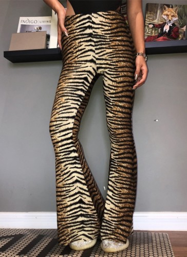 Trendy Tiger Pattern High Waist Flare Trousers