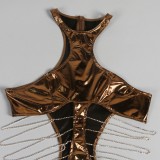 Brown Metallic Cut Out Chains Halter Sleeveless Maxi Dress