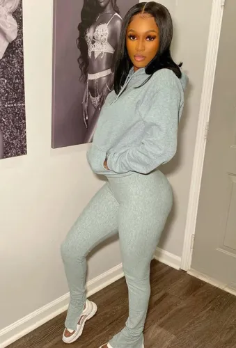 Grey Drawstring Hoody Top with Pocket and Slit Pants 2PCS Tracksuit
