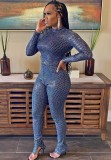 Blue Metallic Long Sleeve Skinny Top and Slit Pants 2PCS Set