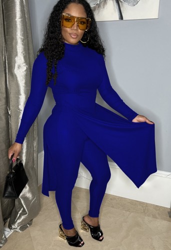 Blue Side Slit Midi Neck Long Top and Fitted Pants 2PCS Set
