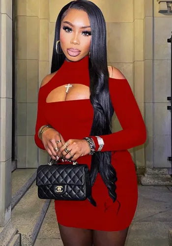 Red Cut Out Long Sleeve Turtleneck Mini Skinny Dress