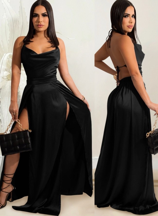 Black Silk Backless High Split Cami Halter Long Evening Dress