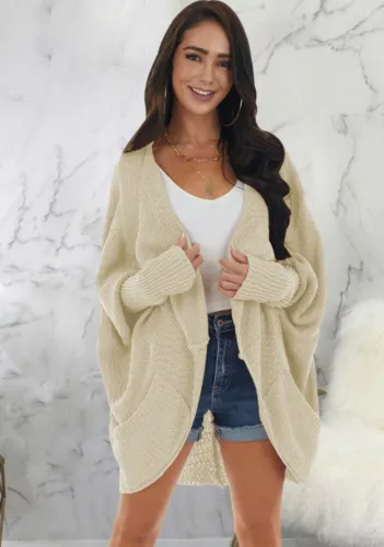Khaki Kintted Bat Sleeves Irregular Long Cardigans with Pocket