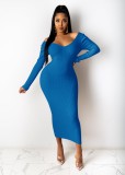 Dark Blue V-Neck Long Slim Fit Dress