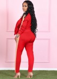 Red Wide Striped Turndown Collar Zip Top and Pants 2PCS Set