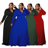 Plus Size Casual Blue V-Neck Long Sleeves Maxi Dress