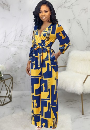 Yellow Print V-Neck Wrap Jumpsuit with Belt