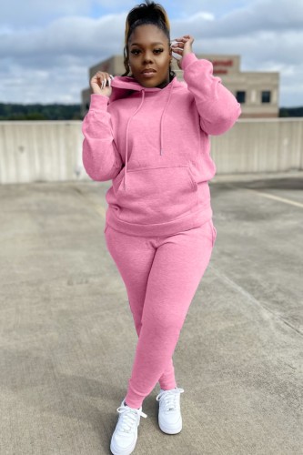 Pink Hoody Long Sleeves Top and Pants with Pocket 2PCS Set