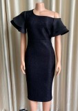 Black Jacquard Floral Ruffle Short Sleeve One Shoulder Long Dress