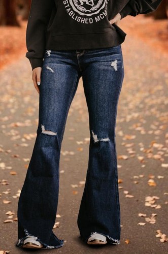 Dk-Blue Distressed Flare Jeans