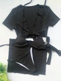 Black Halter Bikini and Tie Crop Top with Mini Skirt 4PCS Set Swimwear