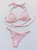 Pink Halter Bikini and Tie Crop Top with Mini Skirt 4PCS Set Swimwear