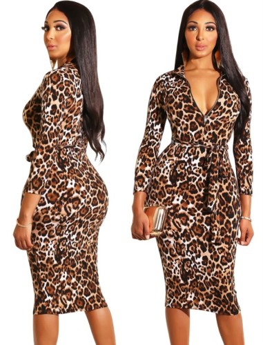 Leopard Print Zipper Collar Long Sleeves Tight Midi Dress