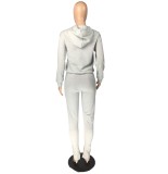 Grey Drawstring Hoody Top with Pocket and Slit Pants 2PCS Tracksuit