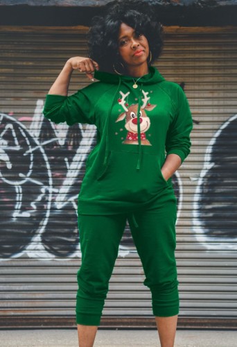 Christmas Elk Print Green Hoody Top and Pants 2PCS Sweatsuit