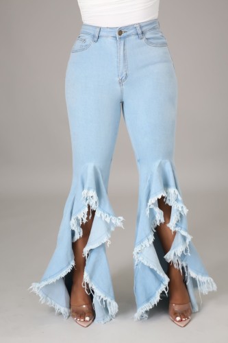 Lt-Blue High Waist Ruffle Tassel Flare Jeans