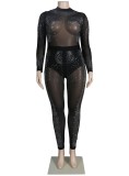 Plus Size Black Beaded Mesh See Through Bodycon Jumpsuit