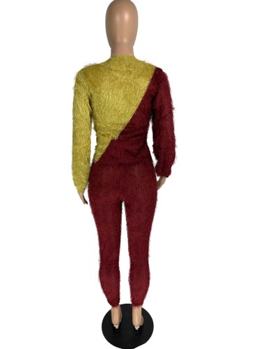 Yellow and Red Contrast Fleeve O-Neck Top and Pants 2PCS Set