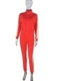 Red Wide Striped Turndown Collar Zip Top and Pants 2PCS Set