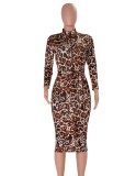 Leopard Print Zipper Collar Long Sleeves Tight Midi Dress